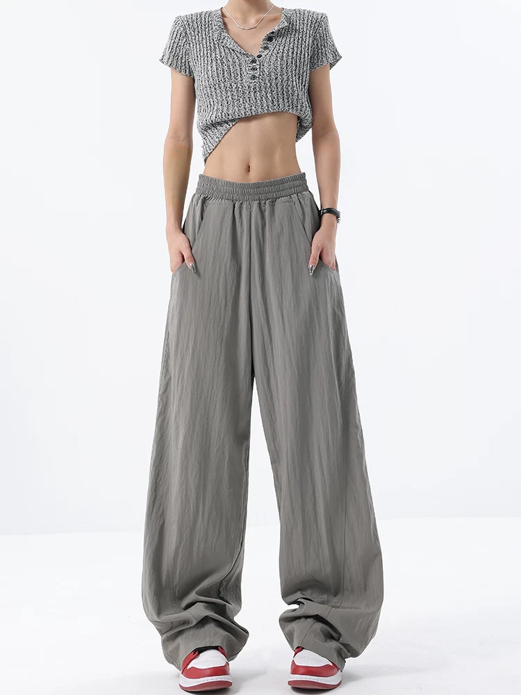 KEN STUDIO thiết kế ban đầu quần ống rộng màu xám băng lụa dành cho nữ mùa hè lưng thun co giãn dáng rộng quần chuối