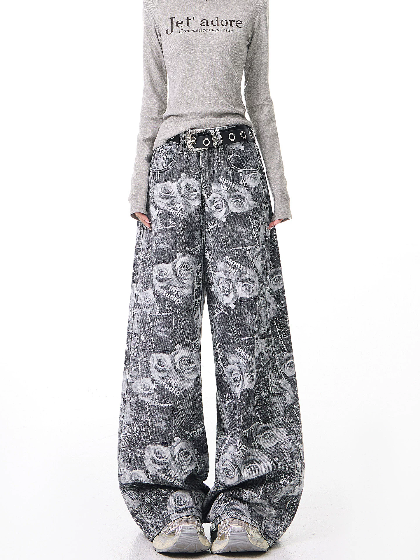 KEN STUDIO thiết kế cổ điển quần jean in hoa hồng dành cho nữ mùa xuân thu quần ống rộng lưng cao mới