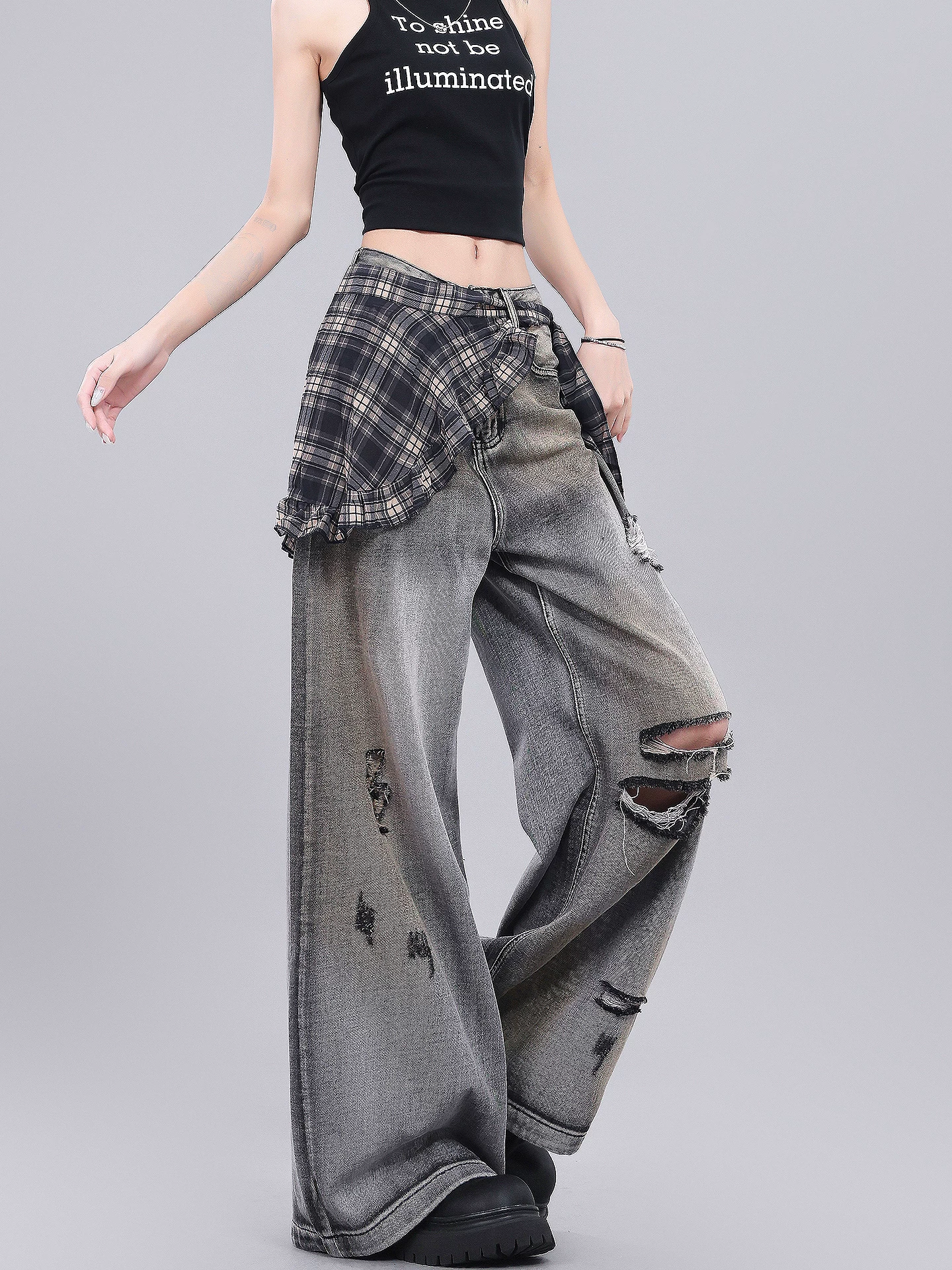 KEN STUDIO Quần jean rách kiểu cổ điển của Mỹ dành cho nữ, quần ống rộng kẻ sọc mùa hè mới.