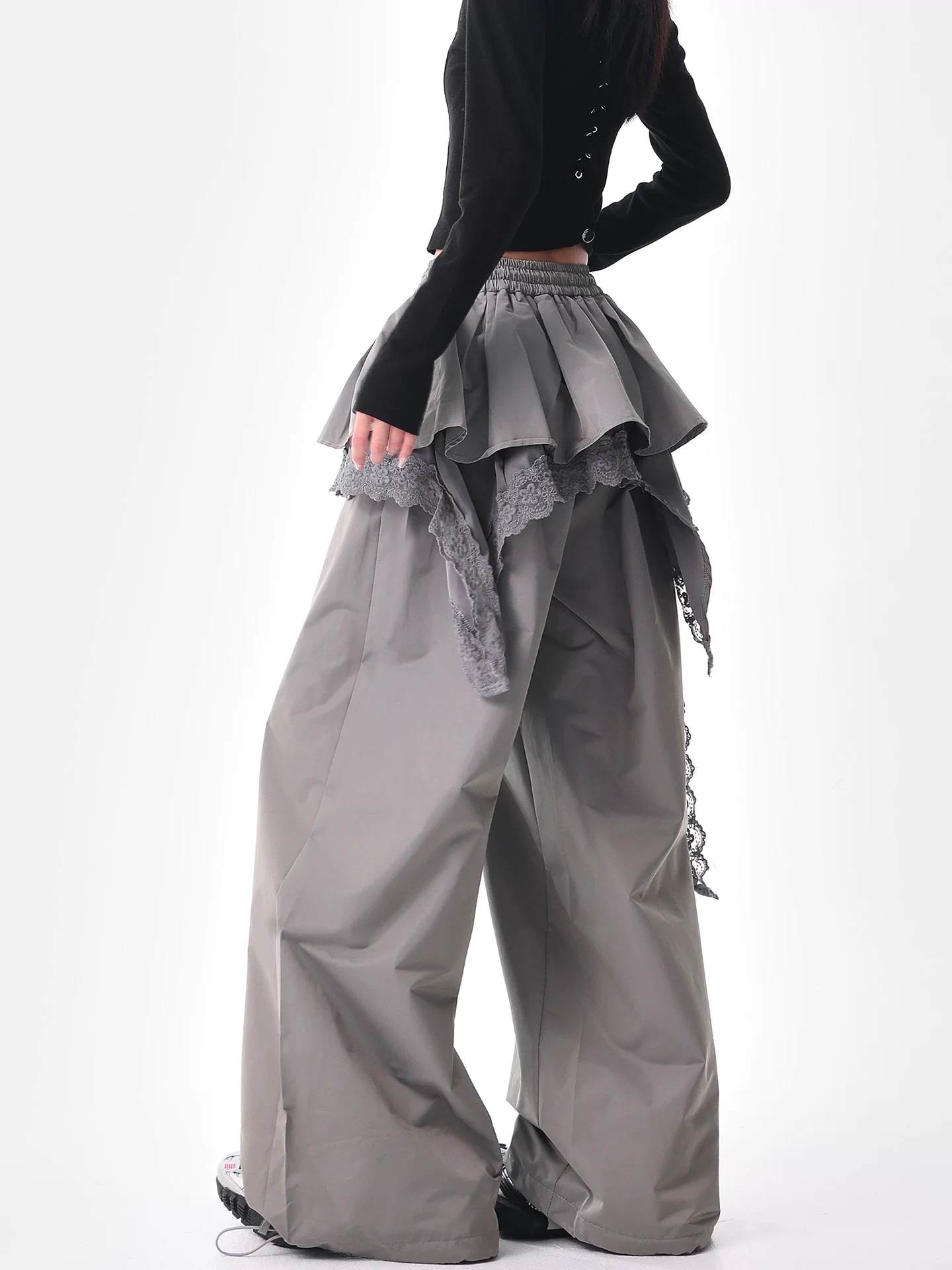 KEN STUDIO đầu mùa thu quần ống rộng giả hai mảnh màu xám mới dành cho nữ với thiết kế viền ren quần ống thẳng