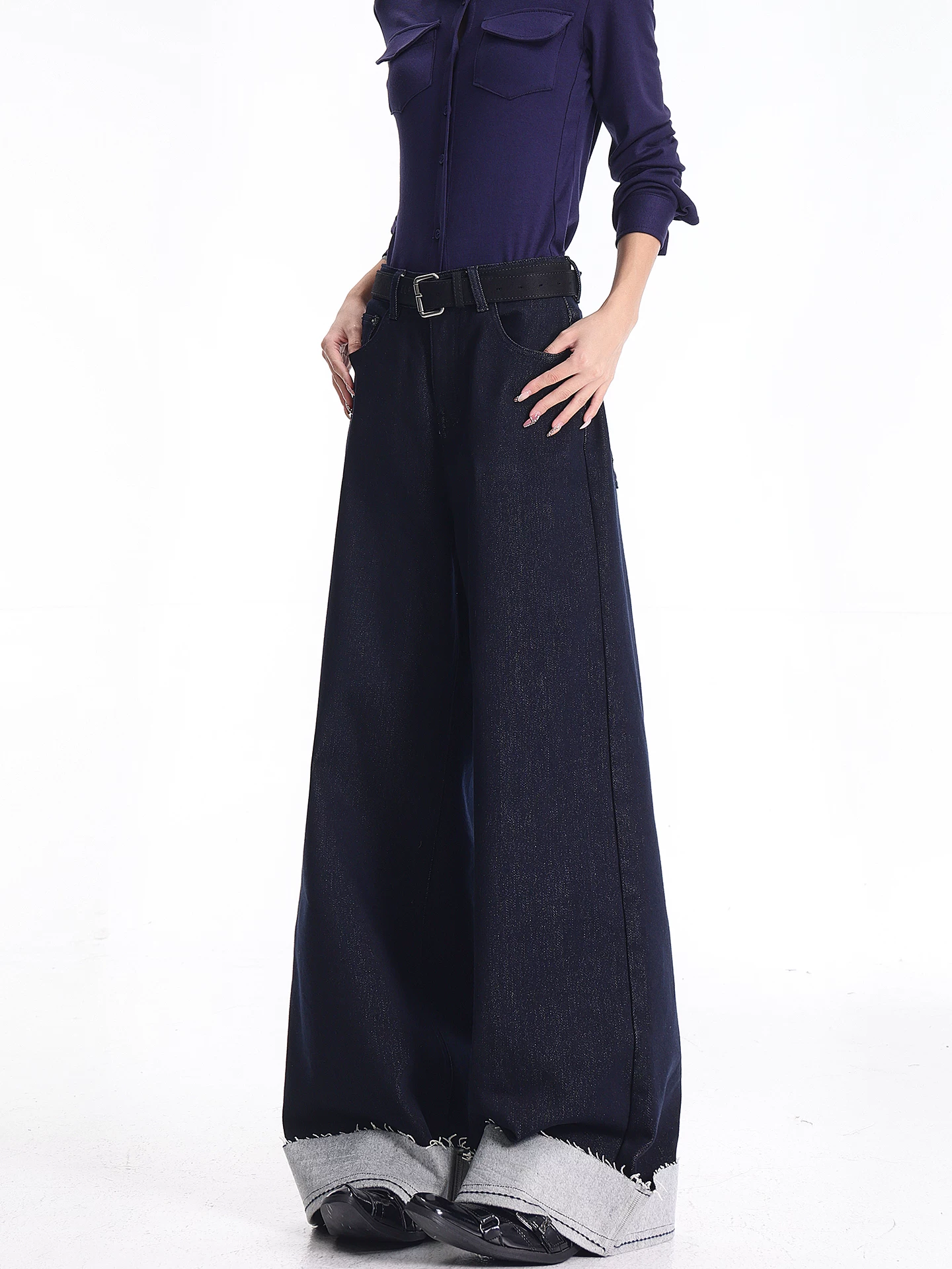 KEN STUDIO quần jean cổ điển có lót lông cừu phong cách mới mùa thu đông dành cho nữ, quần ống rộng lưng cao dáng thẳng