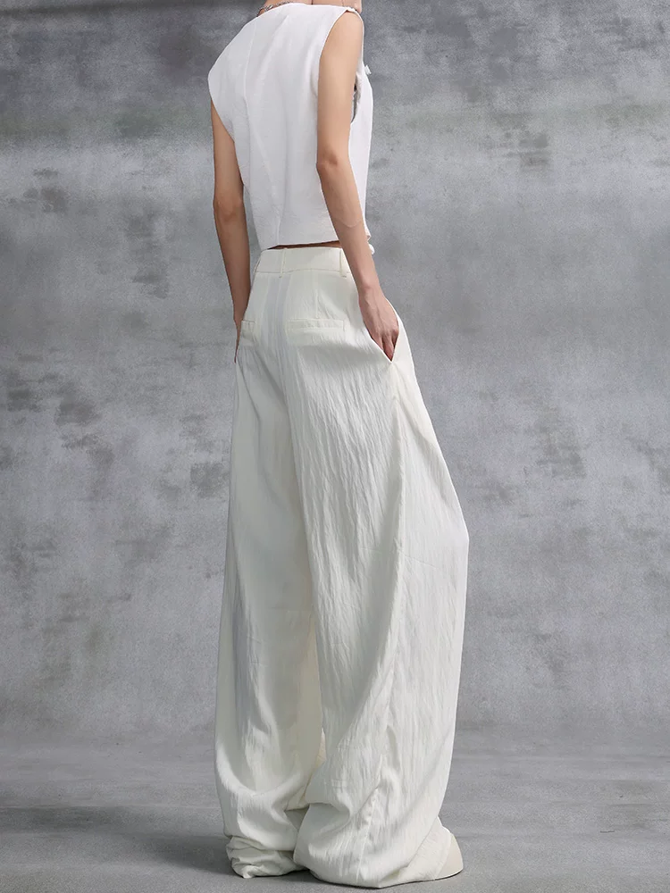 KEN STUDIO mùa hè mới quần mỏng đa năng xếp ly có họa tiết thẳng quần thường ngày dành cho nữ quần ống rộng dáng rộng