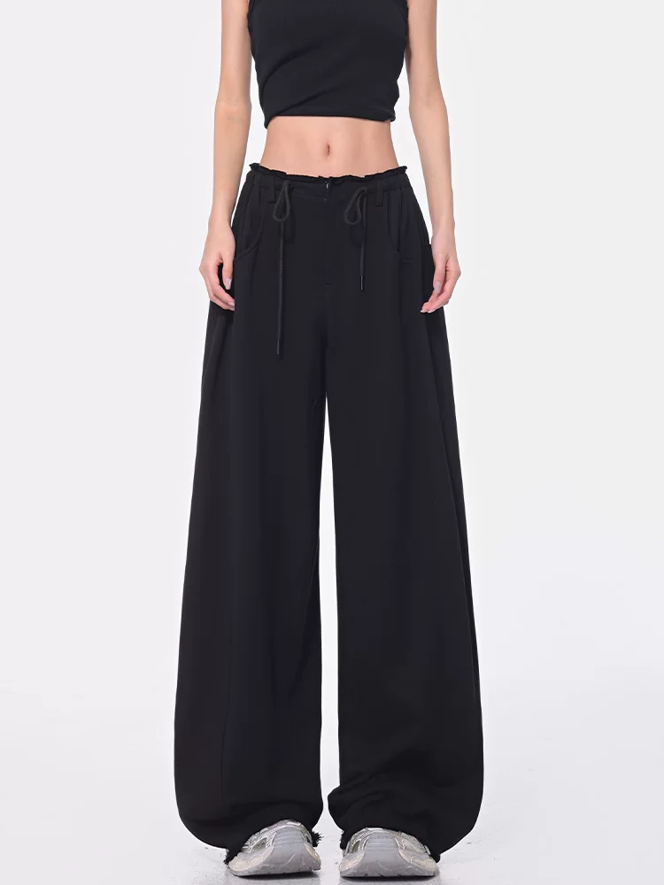 KEN STUDIO Xuân Thu Quần dài dây rút màu đen mới Quần nữ lưng cao dáng rộng Quần ống rộng dài đến sàn