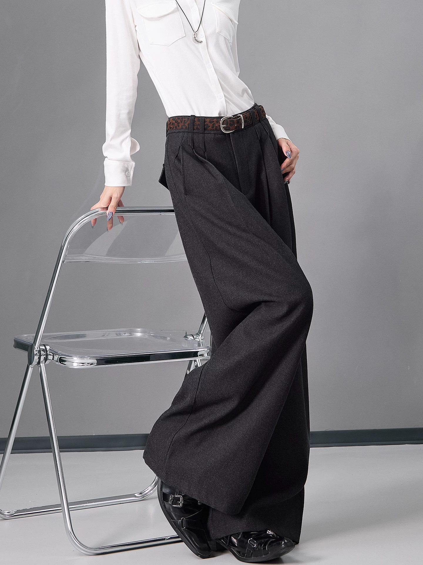 KEN STUDIO Quần âu ống rộng màu xám đậm mới thu đông dành cho nữ, quần ống rộng dáng thẳng, dáng rộng, dài đến sàn