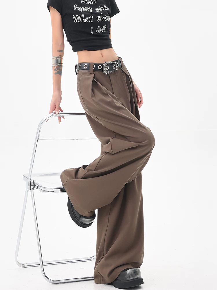 KEN STUDIO Quần âu ống rộng màu cà phê Melard dành cho nữ, phong cách mùa hè mới, quần xếp ly dáng rộng và xếp ly thông thường