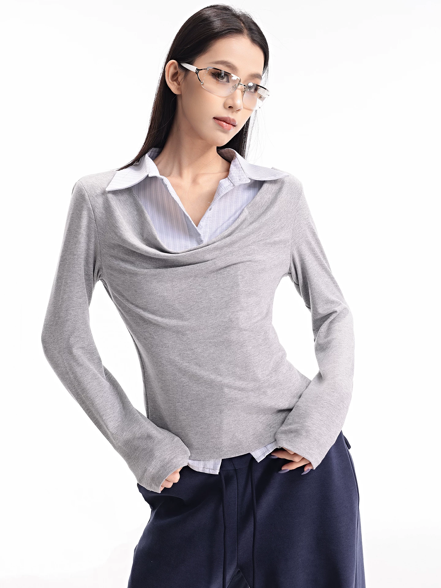 KEN STDUIO Áo sơ mi dài tay giả hai mảnh cổ tròn mùa thu Áo thun nữ nhiều lớp phong cách Hàn Quốc Giảm béo đa năng hàng đầu