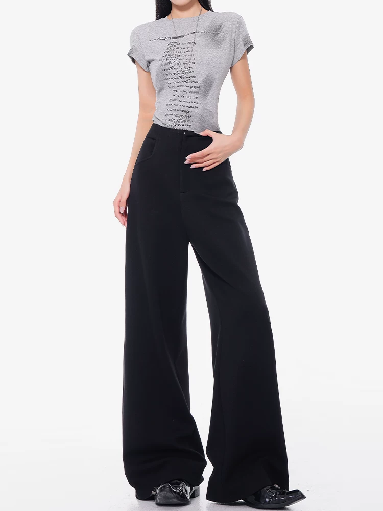 KEN STUDIO Xuân Thu Mới Quần thể thao màu đen Quần thể thao nữ dáng rộng Quần thường ngày lưng cao Quần dài thẳng đến sàn