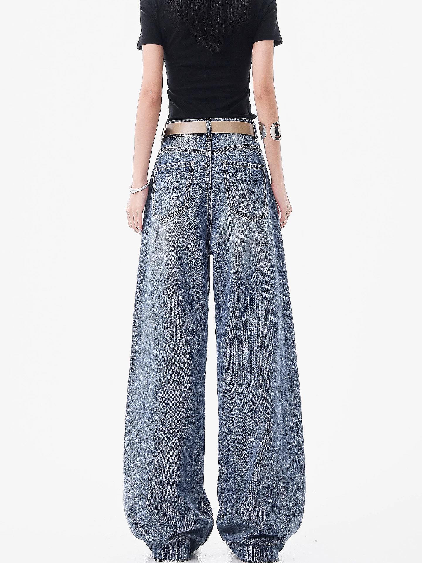 KEN STUDIO Quần jean ống rộng kiểu cổ điển của Mỹ dành cho nữ, quần ống đứng cạp cao mới giúp thon gọn mùa hè.