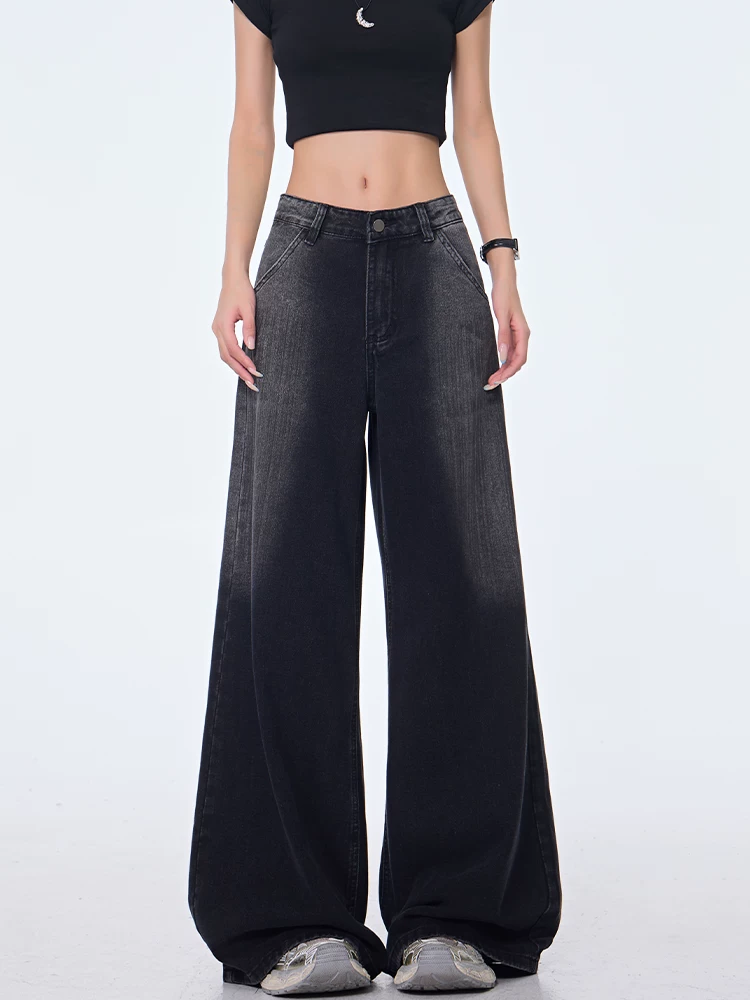 KEN STUDIO Xuân Thu Mới Màu Đen Vintage gradient Quần Jean Nữ Cao Cấp Ống Rộng Quần Ống Thẳng Dài Đến Sàn