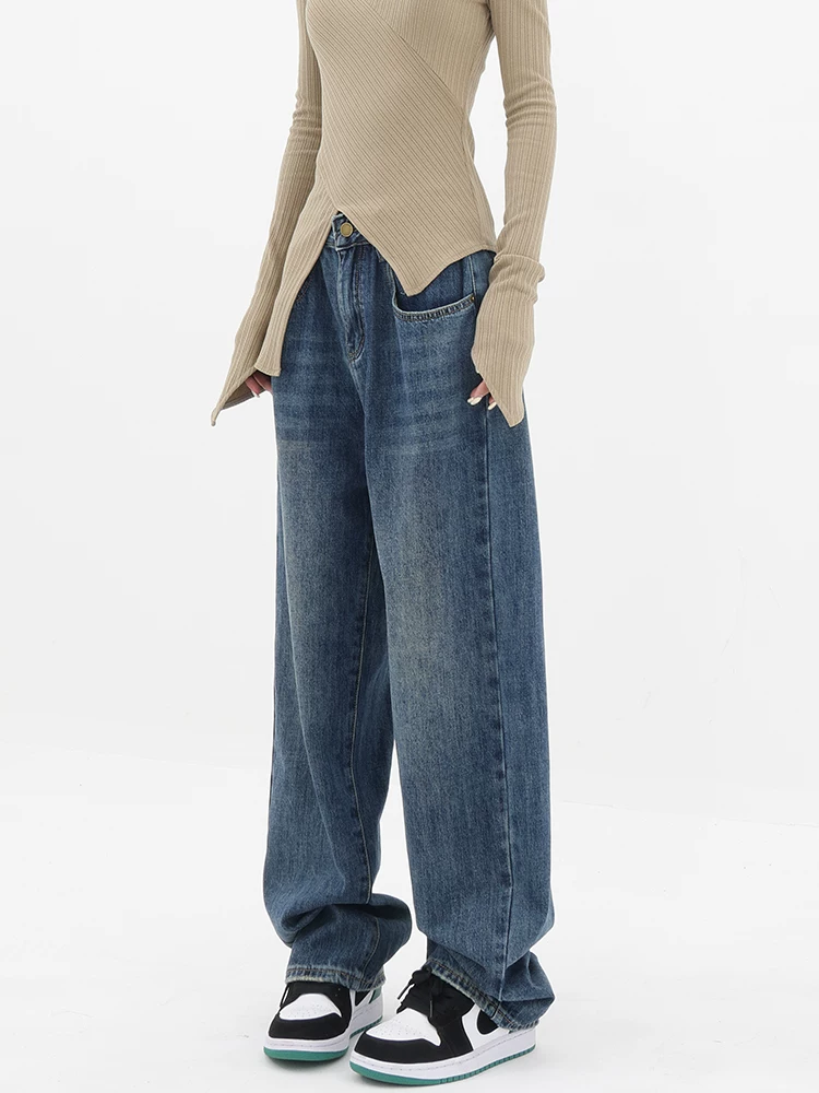 Quần jean ống đứng lưng cao màu xanh cổ điển của KEN STUDIO dành cho nữ, quần dài dáng rộng có lót lông cừu mùa thu đông, quần dáng rộng thời trang