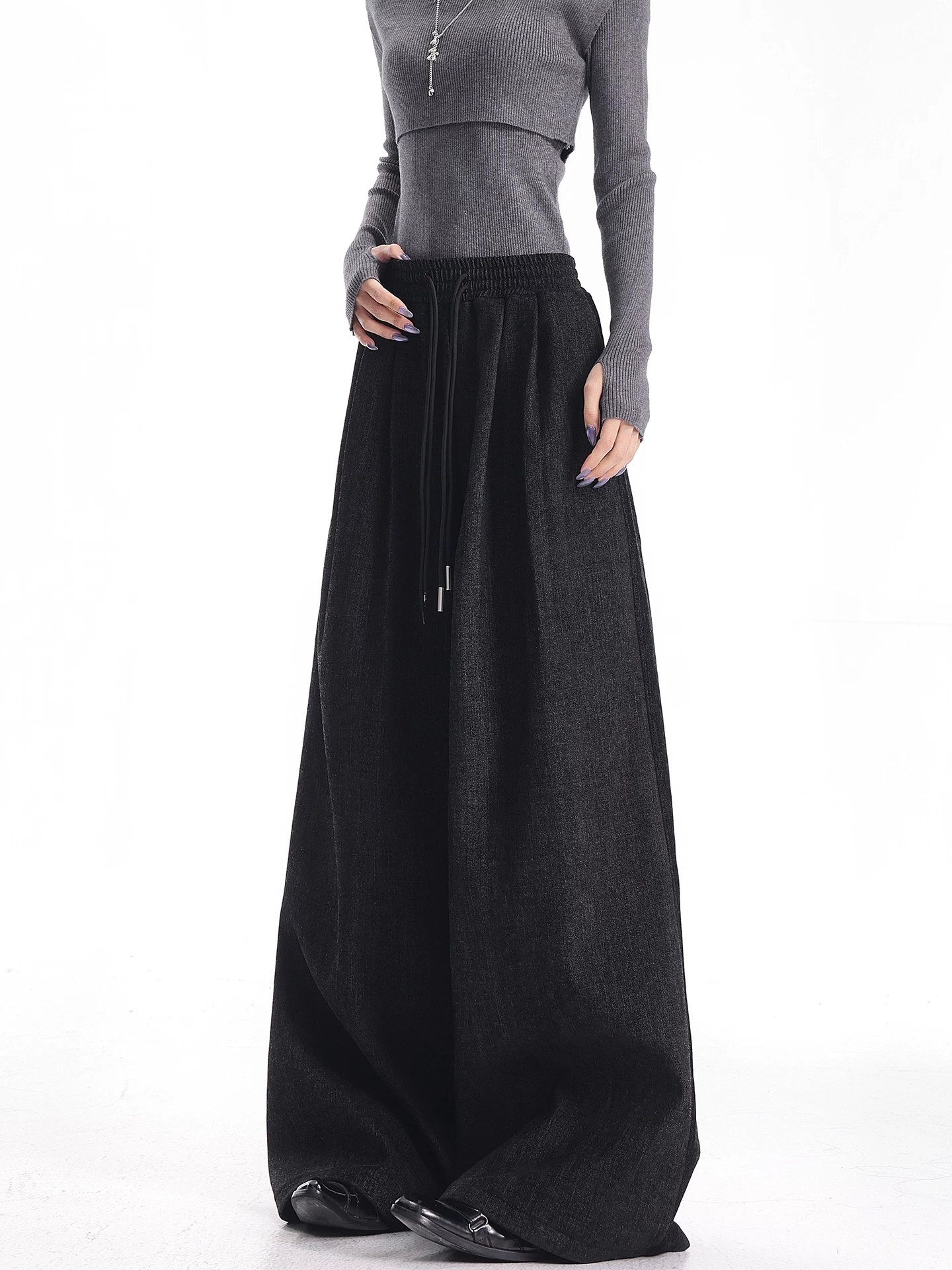 KEN STUDIO Quần thường ngày dày dặn lót lông cừu mùa thu đông mới dành cho nữ với thiết kế dây rút và quần ống rộng dài đến sàn