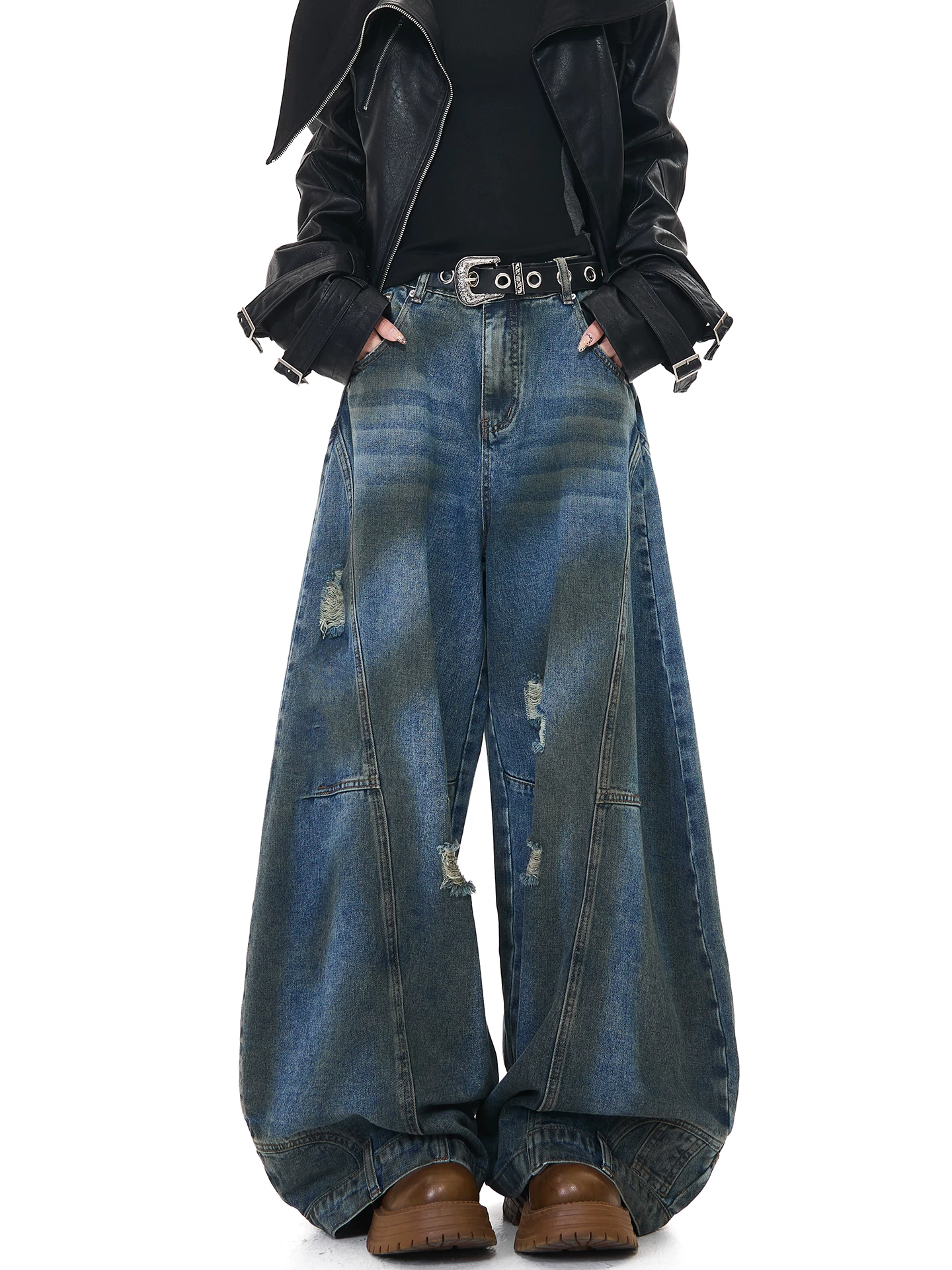 KEN STUDIO Quần jean kiểu cổ điển Mỹ kiểu cổ điển dành cho nữ, cạp cao, dáng rộng, ống rộng, quần bẩn, quần dài đến sàn