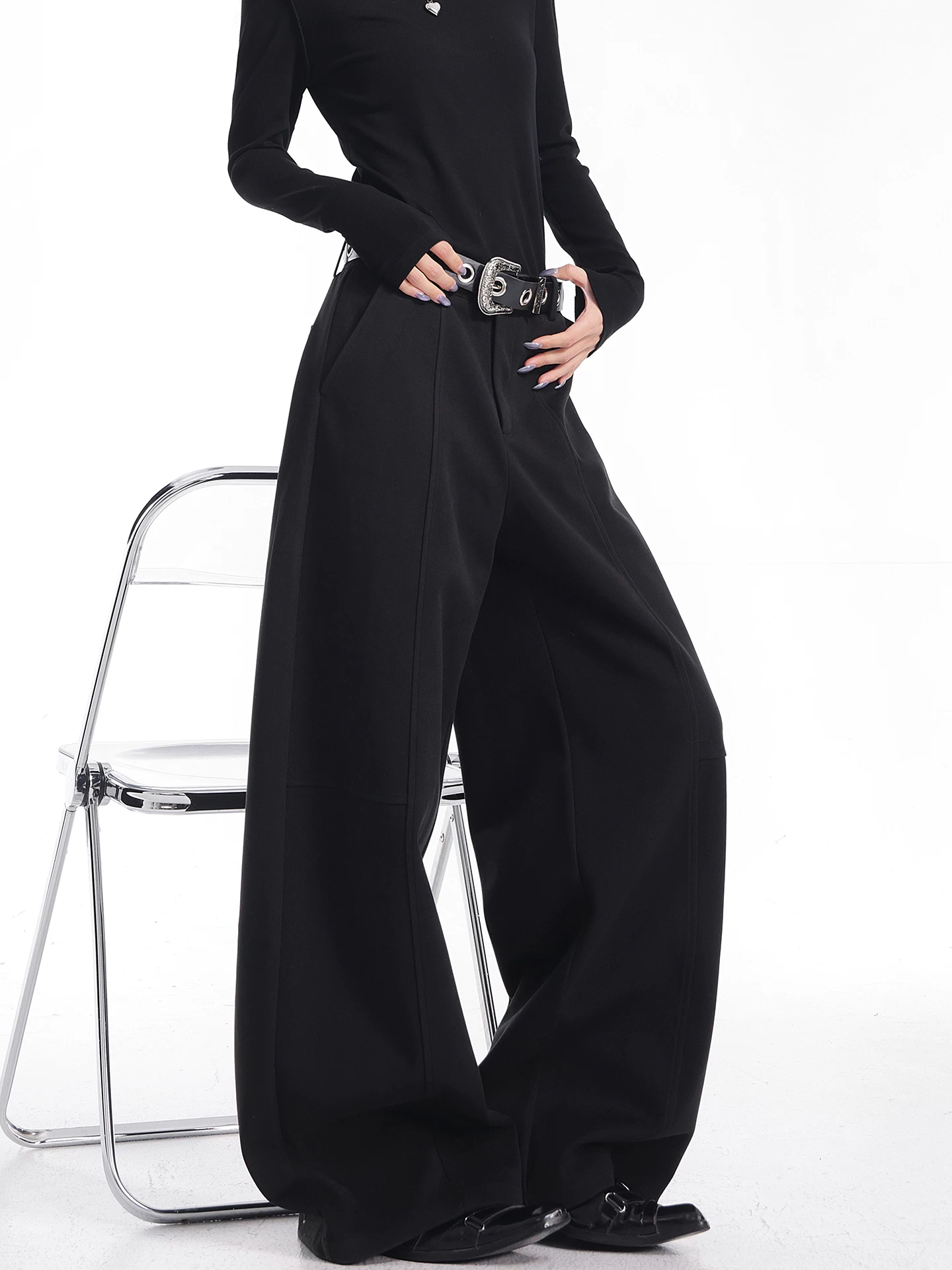 KEN STUDIO Quần tây ống rộng len đen thu đông mới dành cho nữ, dáng rộng, thon gọn, quần dài dày dặn