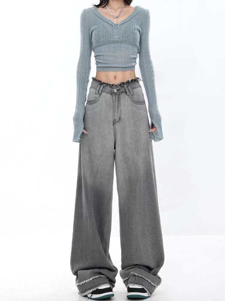 KEN STUDIO Xuân Thu Quần Jeans Cổ Điển Mới Phong Cách Vintage Cho Nữ Thiết Kế Giảm Béo Quần Ống Rộng