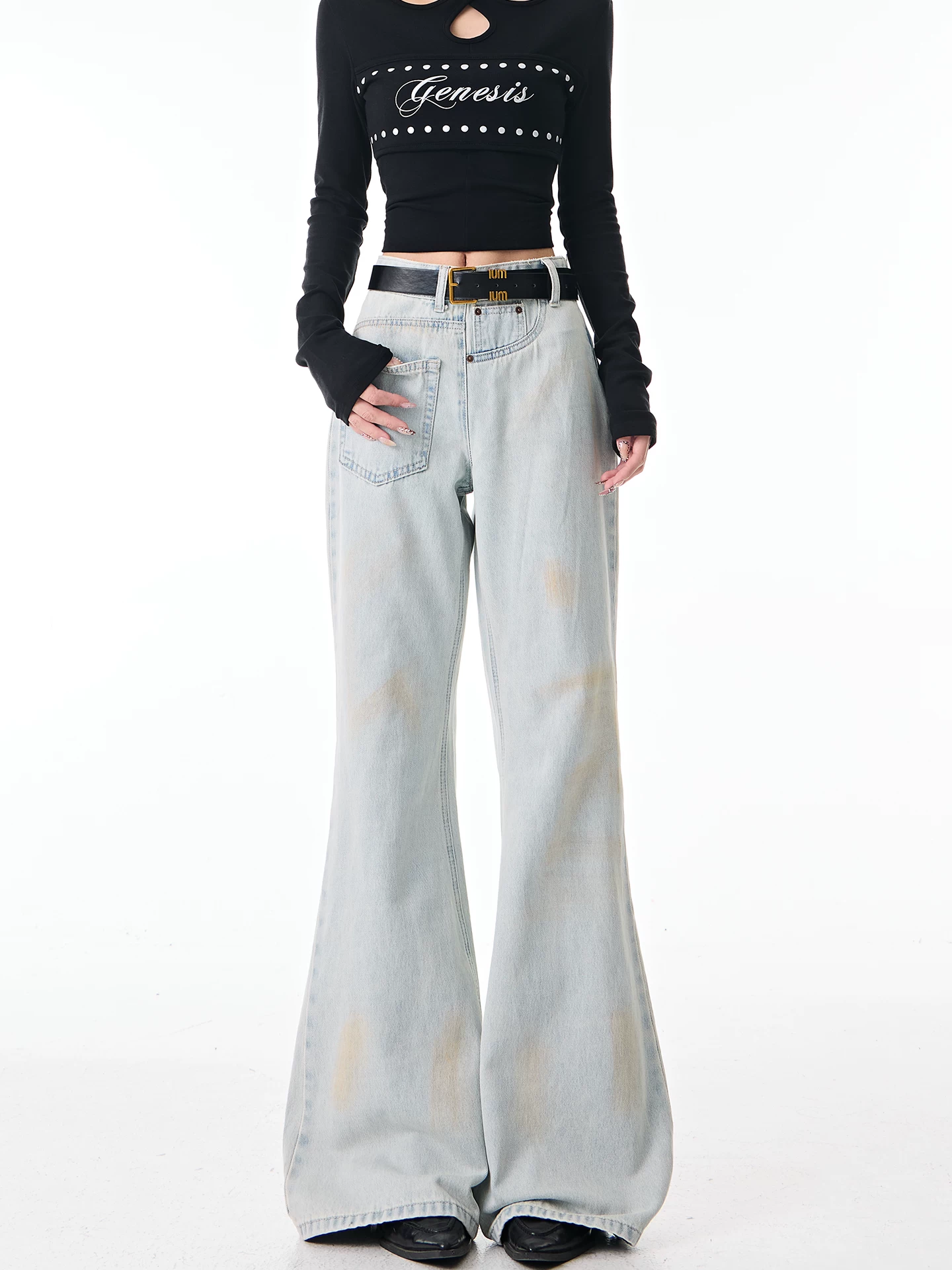 KEN STUDIO Quần jean ống loe màu xanh mùa thu mới dành cho nữ với thiết kế khóa kéo bên hông, quần ống loe dáng rộng