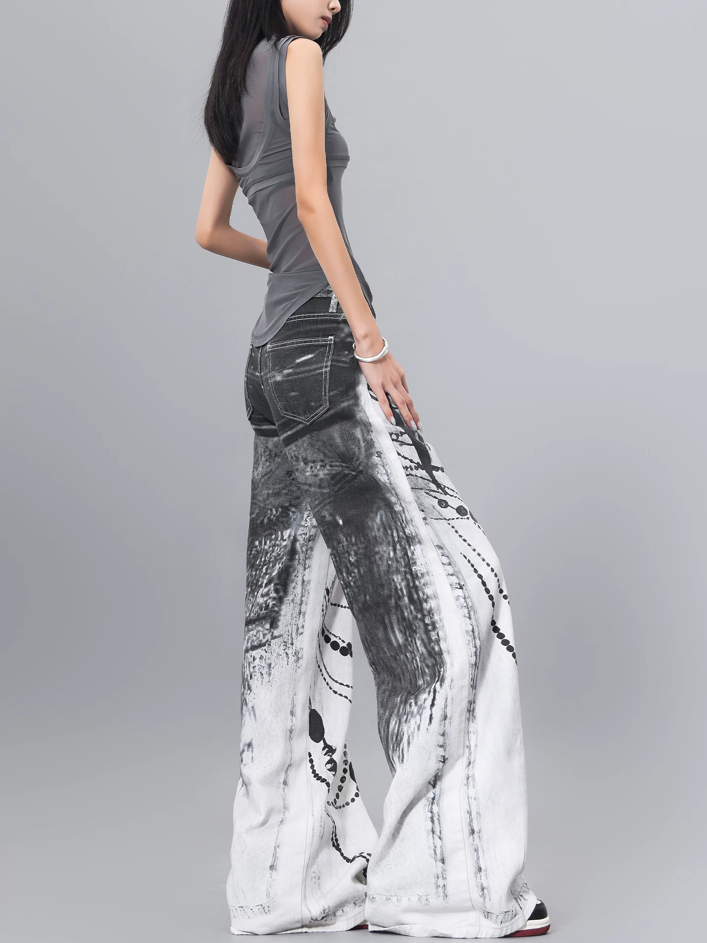 Quần jean denim in mực KEN STUDIO dành cho nữ, phong cách đường phố mùa hè, quần cạp cao, dáng rộng và quần giảm béo