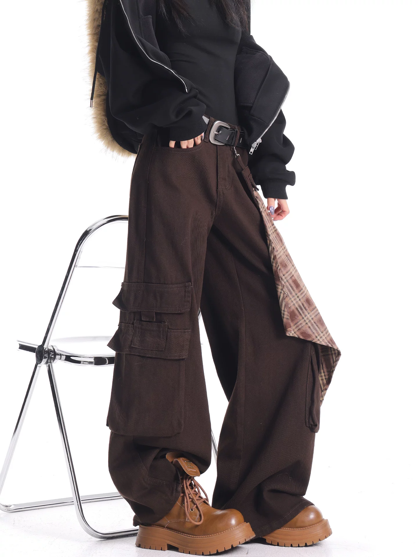 KEN STUDIO quần jean công sở màu cà phê mới thu đông dành cho nữ, quần dài dáng rộng, quần ống rộng, quần dài