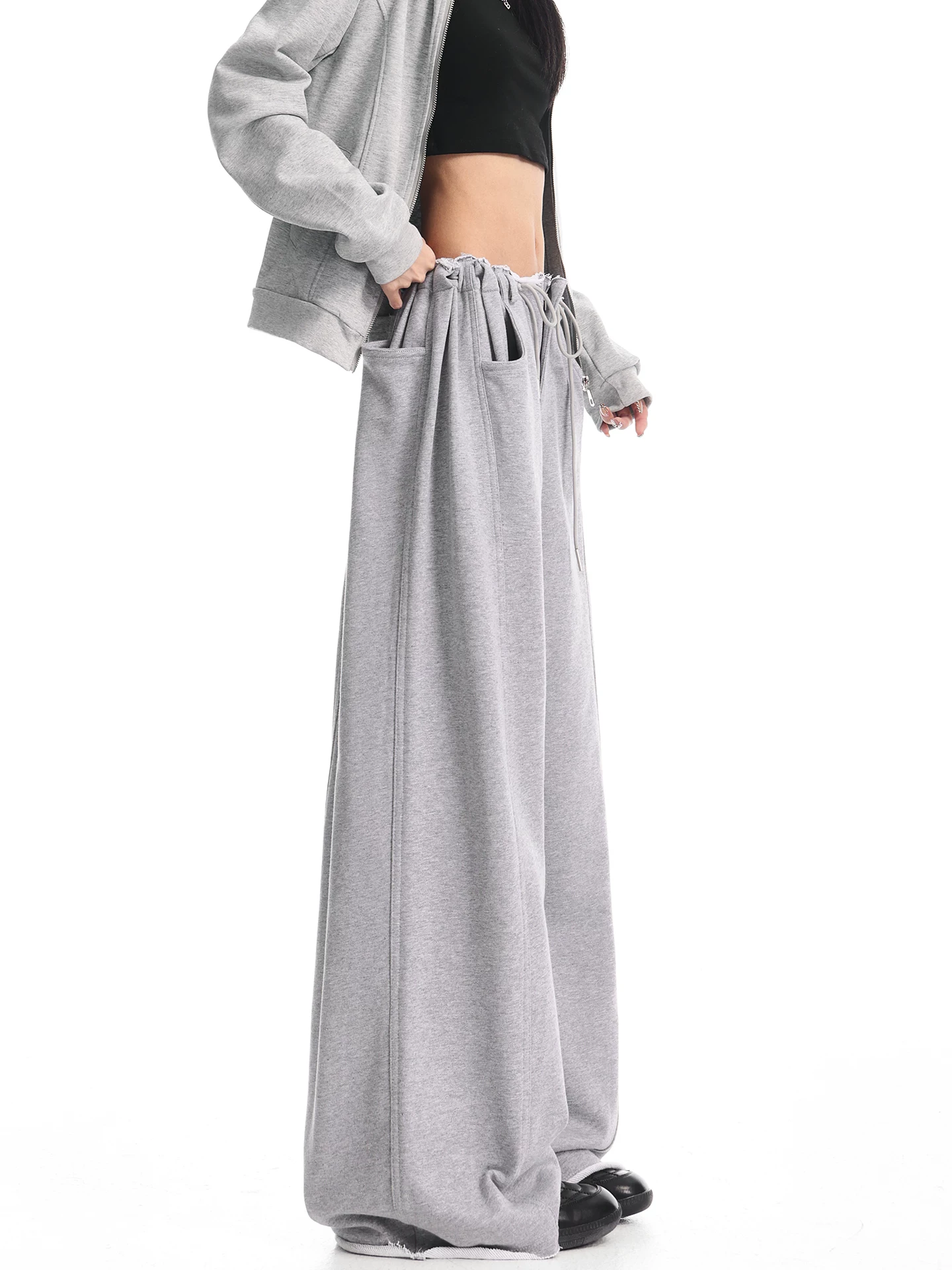 KEN STUDIO Xuân Thu Mới Màu Xám Dây Rút Quần Âu Nữ Cao Cấp Quần Ống Rộng Quần Dài Tới Chân