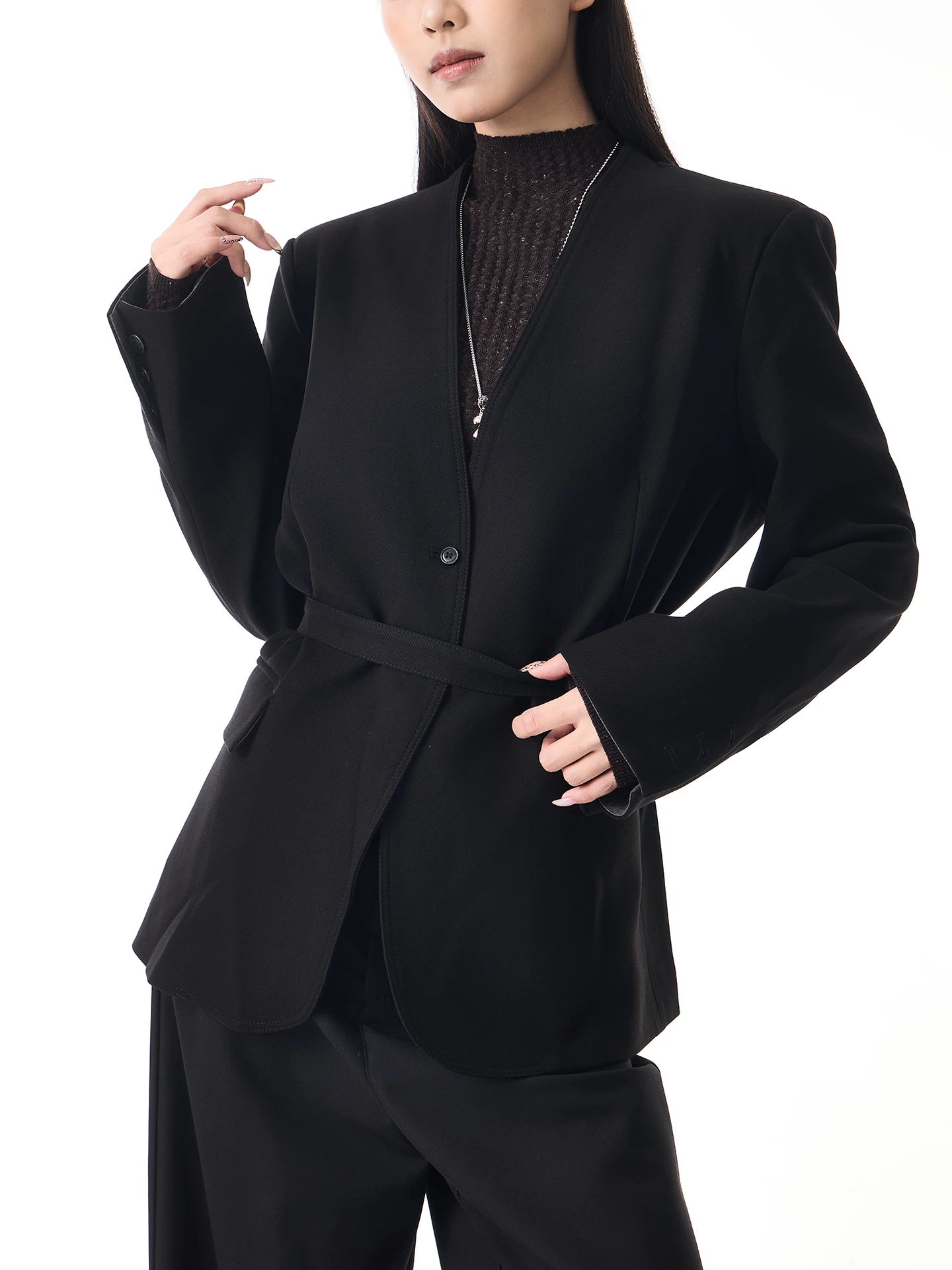 KEN STUDIO Áo blazer buộc dây màu đen mùa thu mới dành cho nữ, bộ vest cao cấp dáng rộng cổ chữ V một nút