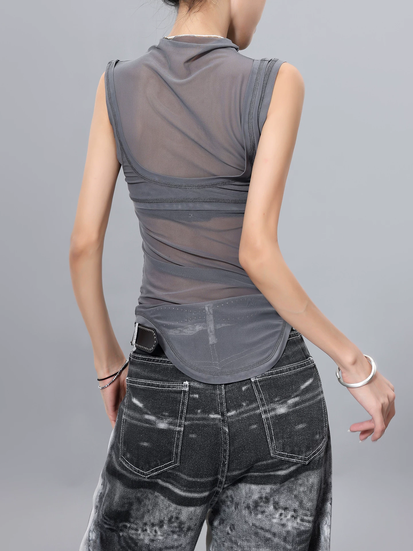 Áo thun hai mảnh giả hai mảnh kiểu lưới phong cách KEN STUDIO dành cho nữ, áo thun dáng ôm đa năng mùa hè mới