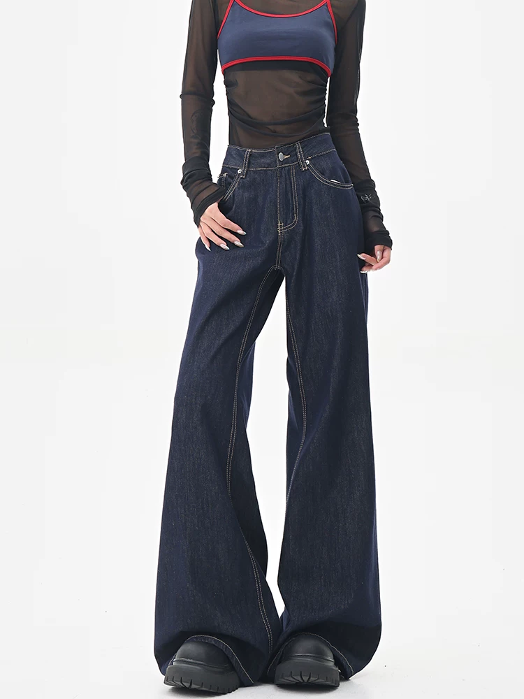 KEN STUDIO Quần jean ống rộng màu xanh đậm theo phong cách retro của Mỹ dành cho nữ, quần ống rộng cạp cao kiểu dáng mùa hè mới, quần ống rộng dáng thẳng