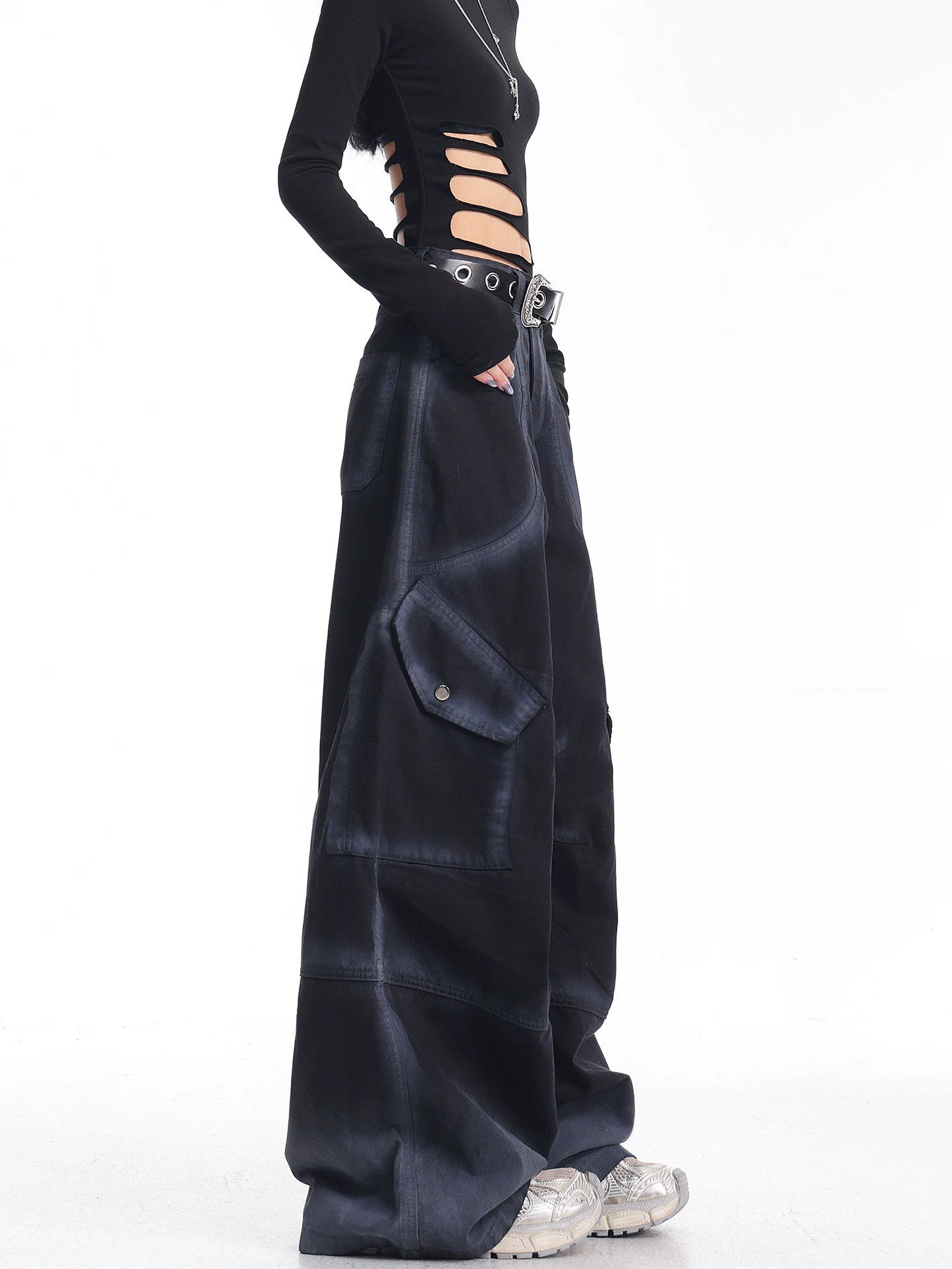 KEN STUDIO Quần ống rộng màu đen phong cách Mỹ mới thu đông dành cho nữ với thiết kế chuyển màu Quần dài đa năng