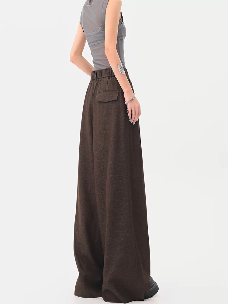 KEN STUDIO Xuân Thu Quần tây màu nâu Melard mới dành cho nữ Quần tây ống rộng có eo bán co giãn dài đến sàn