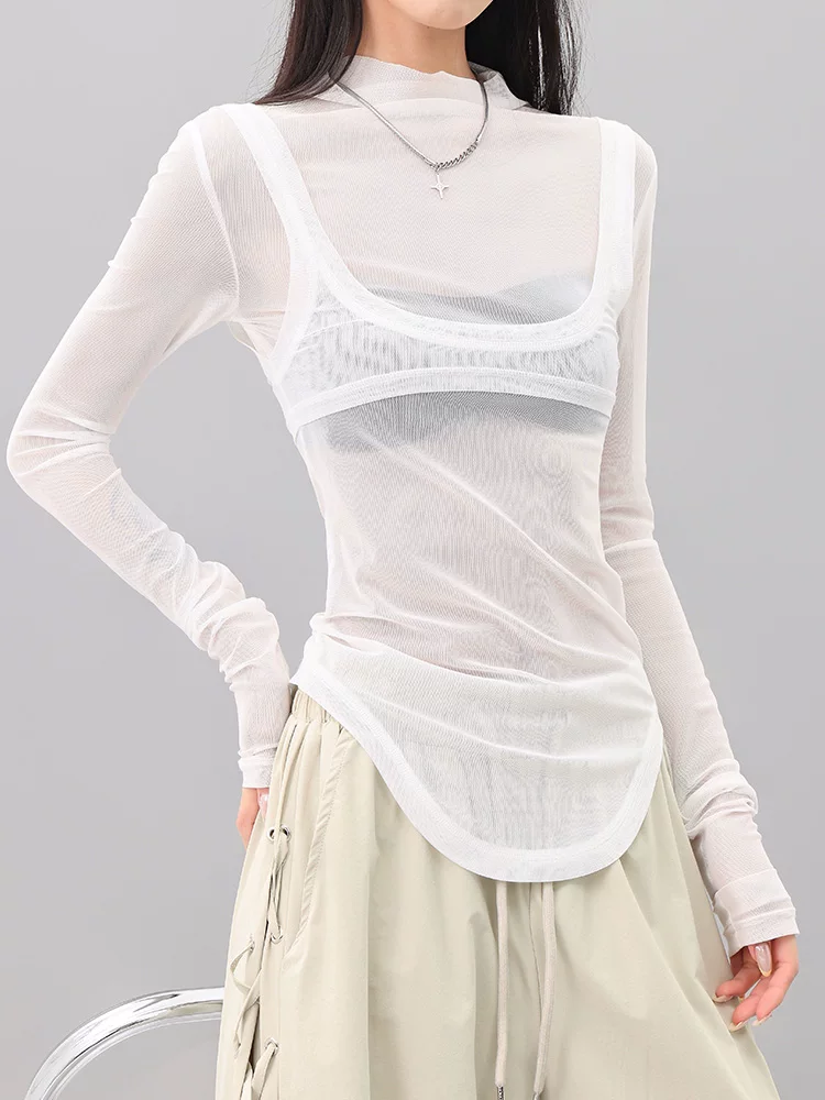 Áo thun dài tay giả hai mảnh phối lưới trắng KEN STUDIO dành cho nữ, áo dáng ôm vừa vặn mùa hè mới