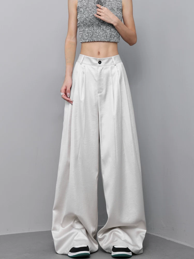 KEN STUDIO mùa hè mới mỏng màu mơ màng có kết cấu như lụa băng quần dài nữ tính thường ngày quần ống rộng dáng rộng