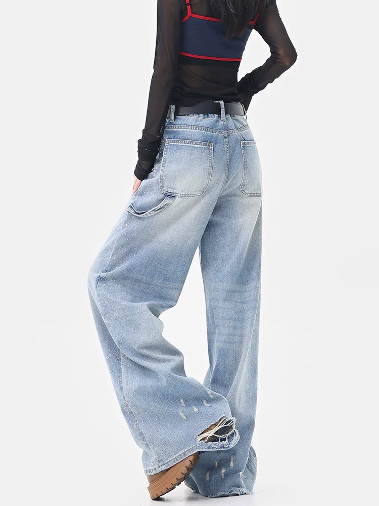 Quần jean màu xanh nhạt kiểu cổ điển của KEN STUDIO dành cho nữ, thiết kế mùa hè mới, quần ống rộng dáng rộng