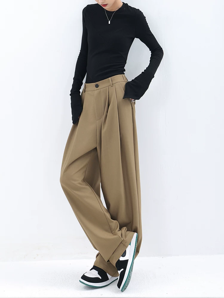 KEN STUDIO quần tây ống rộng màu kaki dành cho nữ mùa xuân thu 2023 mới quần tây ống đứng quần tây quần âu