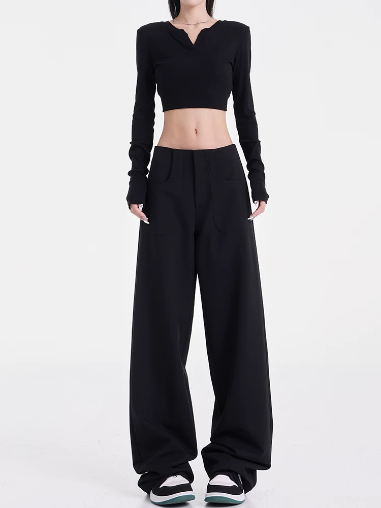 KEN STUDIO nguyên bản mùa xuân và mùa thu mới quần âu ống đứng màu đen đa năng thiết kế dáng rộng giảm béo quần âu