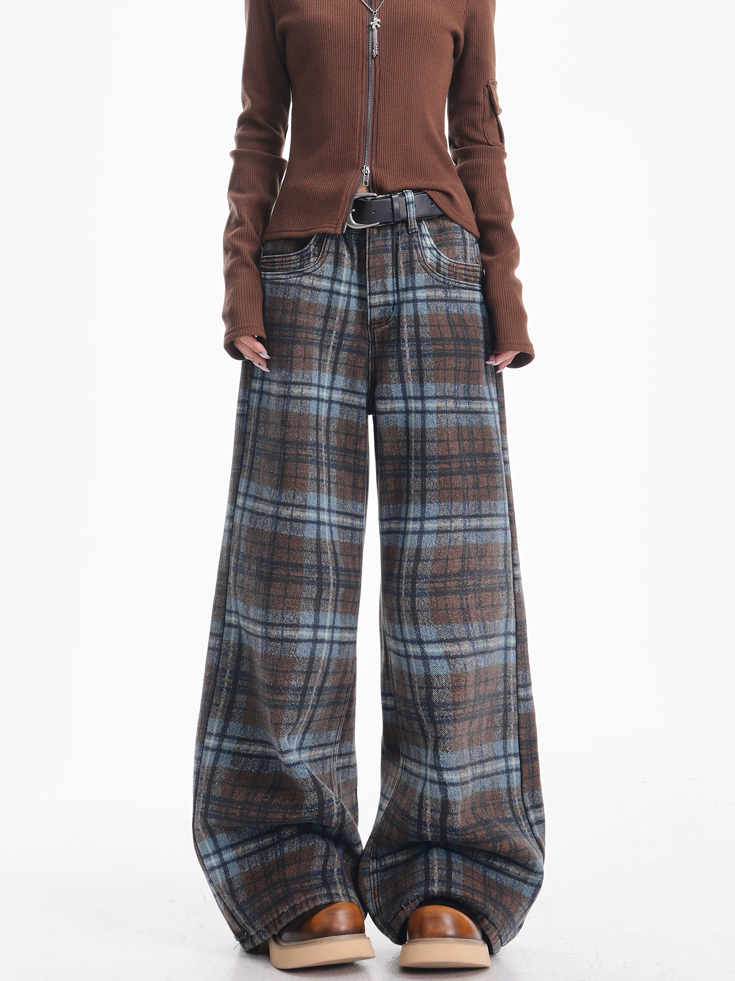 KEN STUDIO Quần jean kẻ sọc xanh mùa thu đông mới dành cho nữ, lót lông cừu, dày dặn, dáng rộng, giảm béo, quần ống rộng.