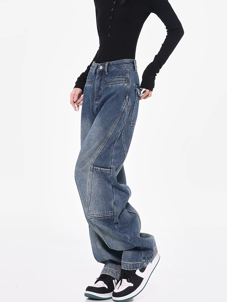 Quần jean công sở cổ điển KEN STUDIO dành cho nữ, quần ống rộng lót lông cừu mùa thu đông, quần hình lưỡi liềm, quần chuối, quần dài đến sàn