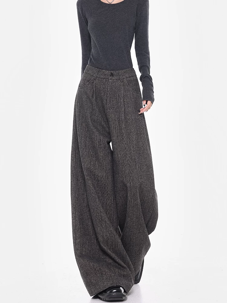 Quần tây ống rộng màu xám dày mùa thu đông của KEN STUDIO dành cho nữ, quần dài dáng rộng ống thẳng đa năng, dáng rộng, dài đến sàn