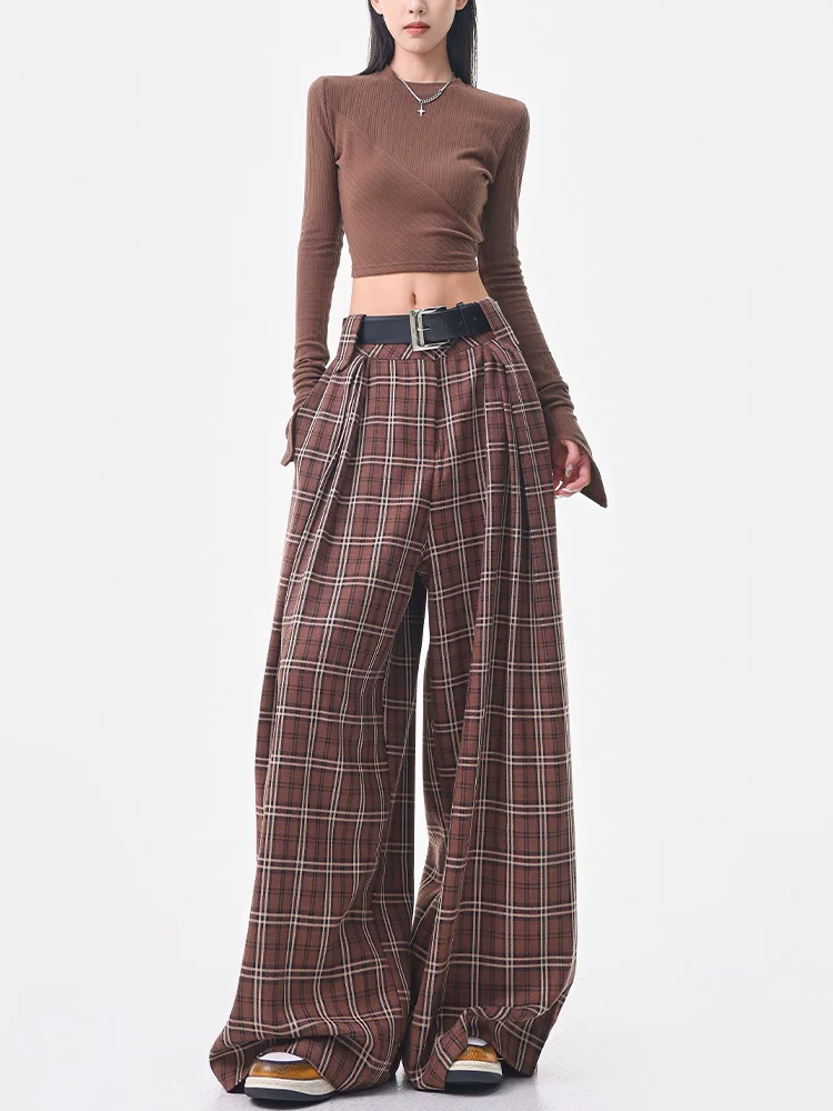 KEN STUDIO quần âu kẻ sọc màu cà phê cổ điển mới mùa hè và mùa thu dành cho nữ, quần cạp cao, dáng rộng, quần kiểu dáng ôm dáng.