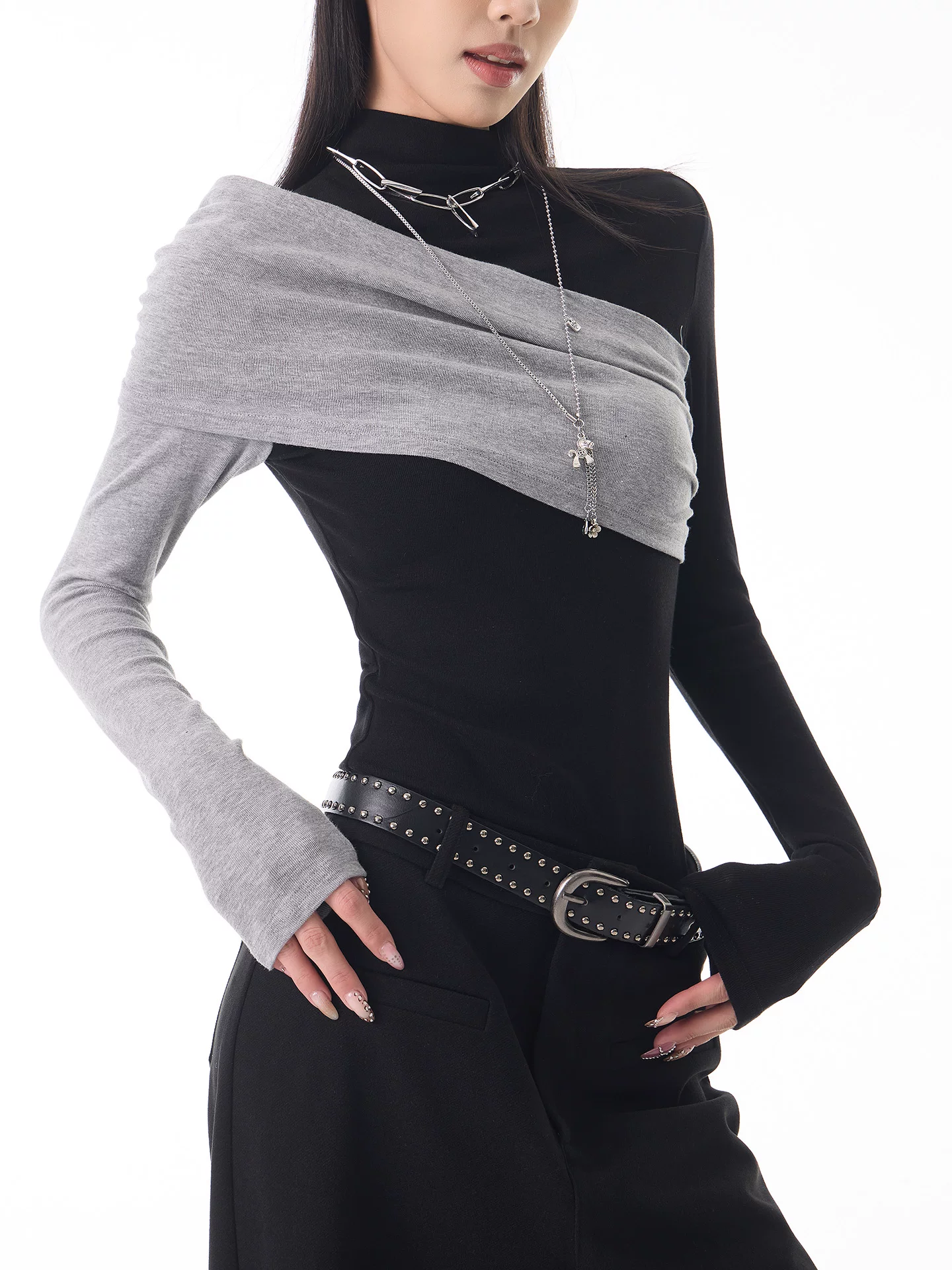 KEN STUDIO Xuân Thu Thiết kế mới Áo sơ mi cổ lọ nửa cổ màu khối dành cho nữ Áo dài tay ôm vừa vặn