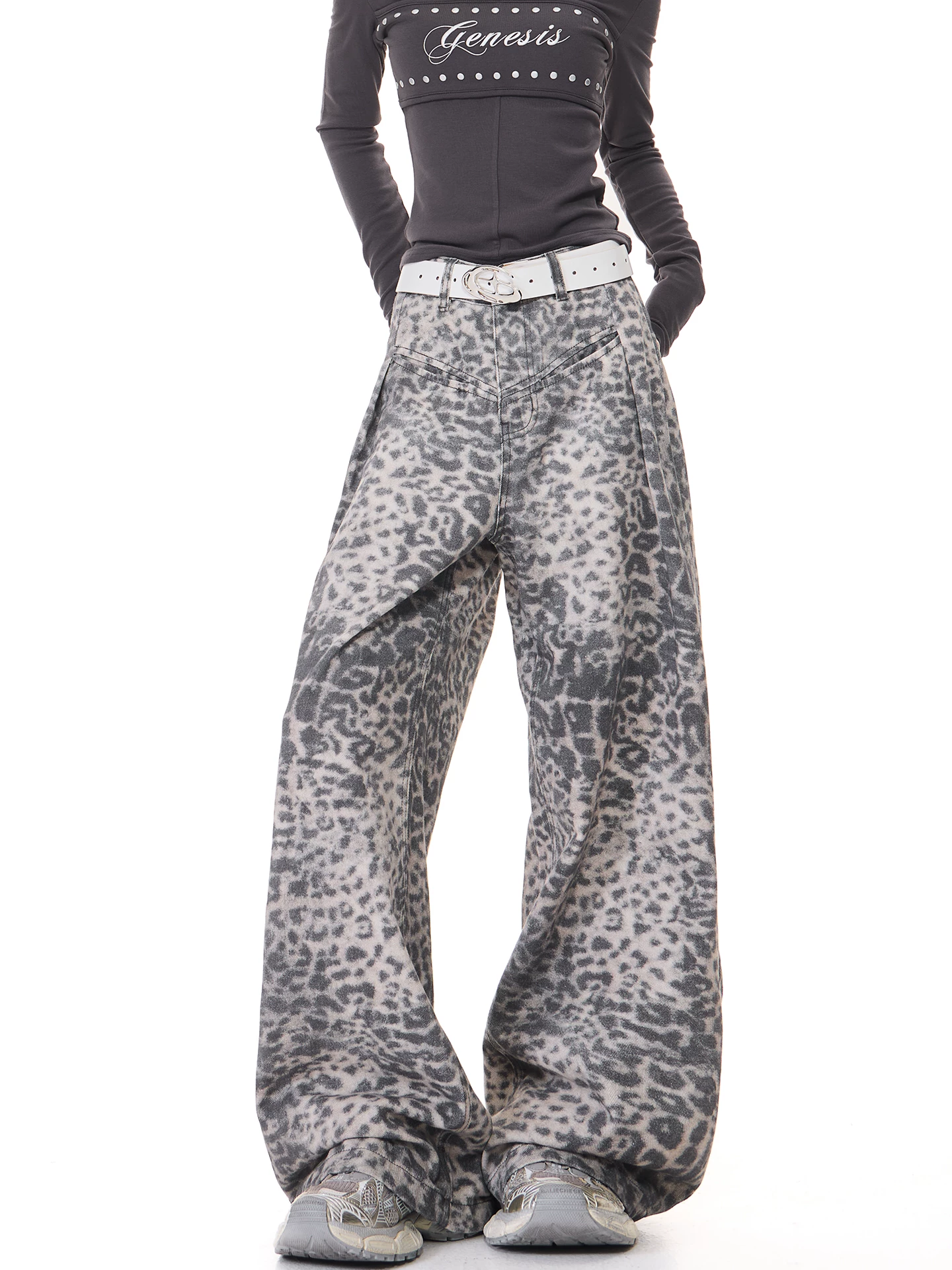 Quần jeans nữ KEN STUDIO Xuân Thu kiểu Mỹ mới, họa tiết da báo, cạp cao, dáng thẳng, tôn dáng, ống rộng