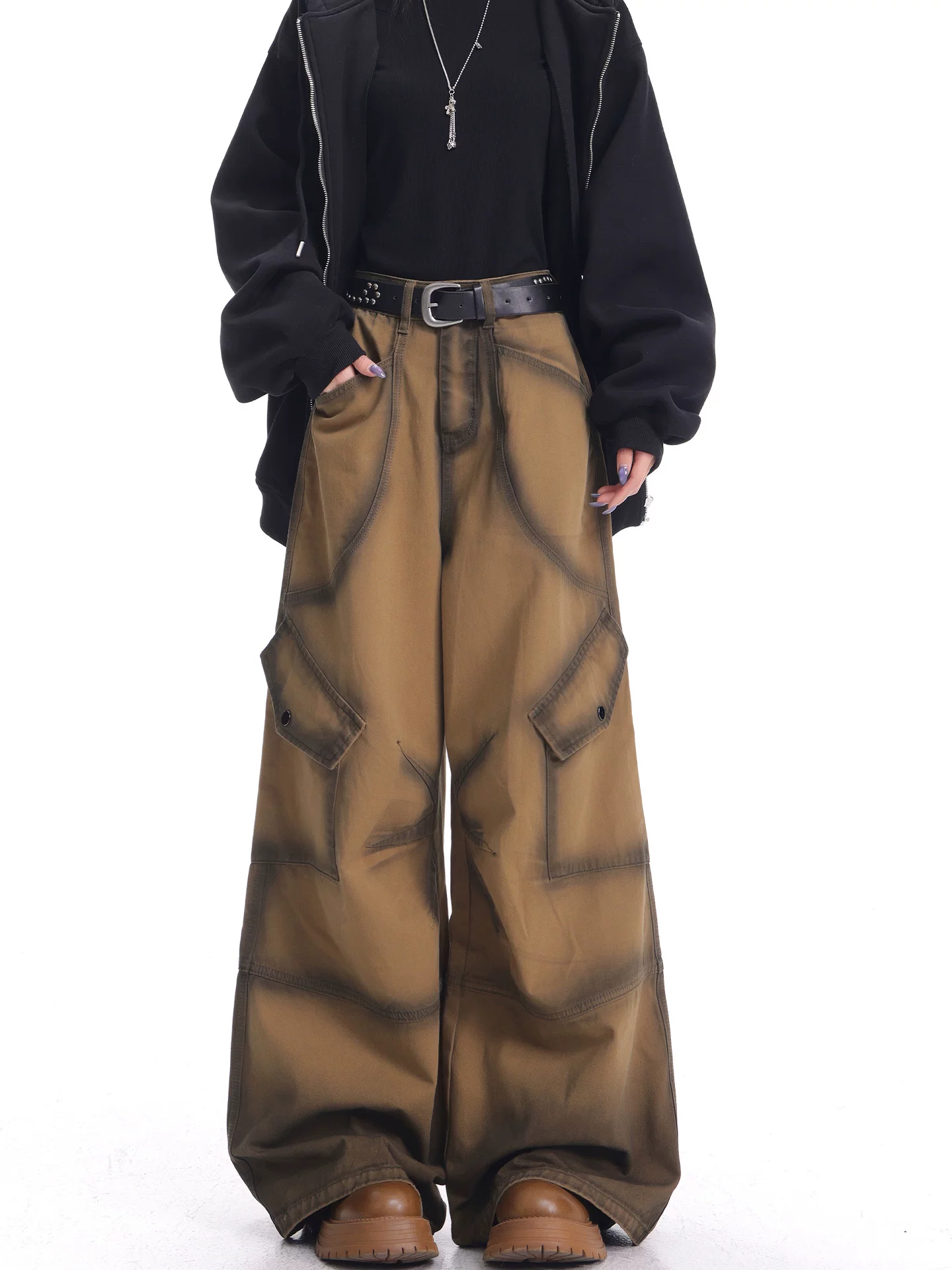 KEN STUDIO mùa thu đông mới quần kaki cổ điển quần kaki nữ Melard quần dài rộng đến sàn quần ống rộng quần dài