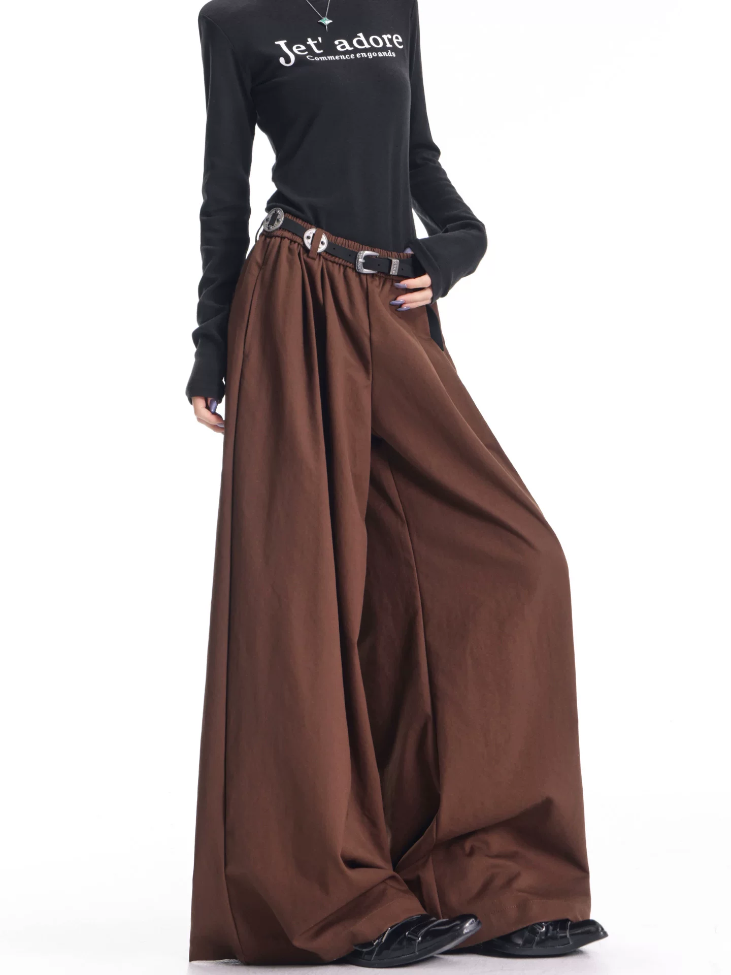 KEN STUDIO quần ống rộng màu cà phê cổ điển mới mùa thu đông dành cho nữ, quần Yamamoto ống rộng cạp cao giúp thon gọn.