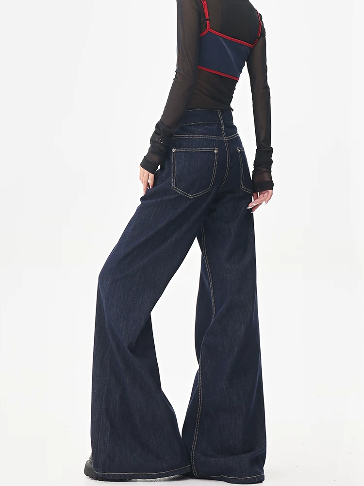 KEN STUDIO Quần jean ống rộng màu xanh đậm theo phong cách retro của Mỹ dành cho nữ, quần ống rộng cạp cao kiểu dáng mùa hè mới, quần ống rộng dáng thẳng