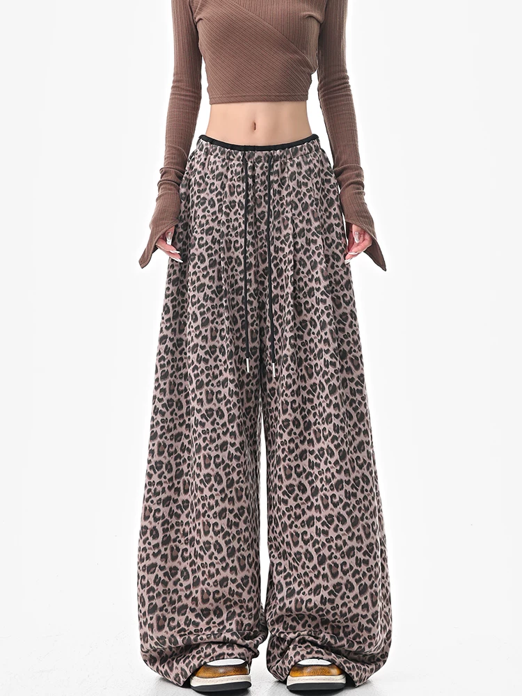 KEN STUDIO Quần thường ngày in họa tiết da báo kiểu Mỹ dành cho nữ, quần ống rộng dáng thẳng cạp cao mới mùa thu đông