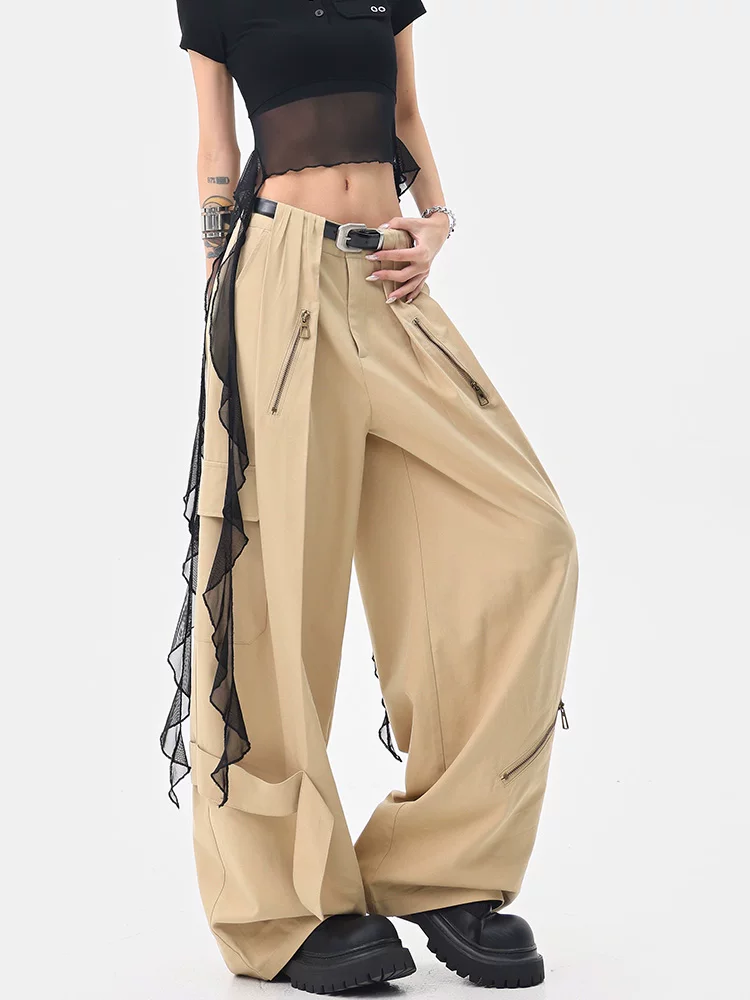 Quần kaki nhiều túi phong cách retro của KEN STUDIO dành cho nữ, phong cách mùa hè mới, quần ống rộng dáng rộng.