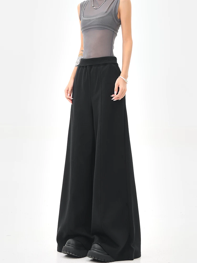 KEN STUDIO Quần thể thao màu đen phong cách Mỹ dành cho nữ, quần thể thao ống đứng cạp cao mới, quần ống rộng cho mùa hè và mùa thu.