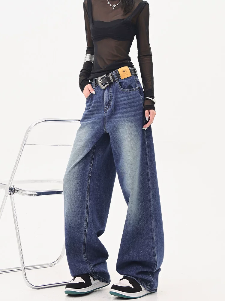 Quần jean ống đứng màu xanh đậm kiểu cổ điển của KEN STUDIO dành cho nữ, quần ống rộng lưng cao mới mùa thu đông