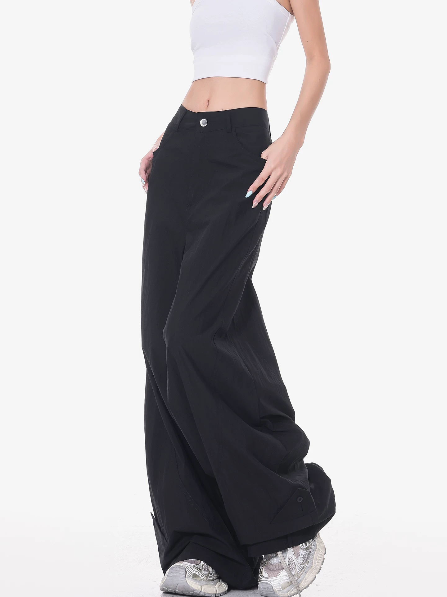 KEN STUDIO mùa hè mới quần cargo ống rộng màu đen khô nhanh dành cho nữ, quần cạp cao, dáng rộng, dáng rộng, quần thường ngày giúp giảm béo