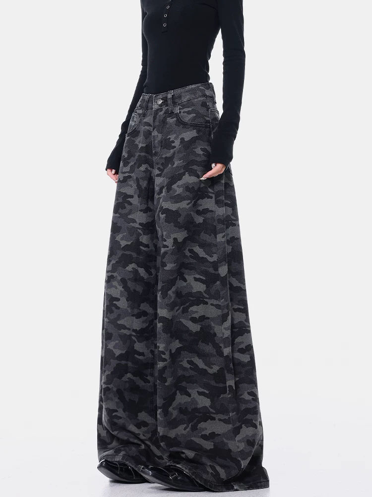 KEN STUDIO quần jean ngụy trang đường phố cao cấp mới của Mỹ dành cho nữ, quần ống thẳng, lưng cao, dáng rộng, dáng suông, quần dài đến sàn