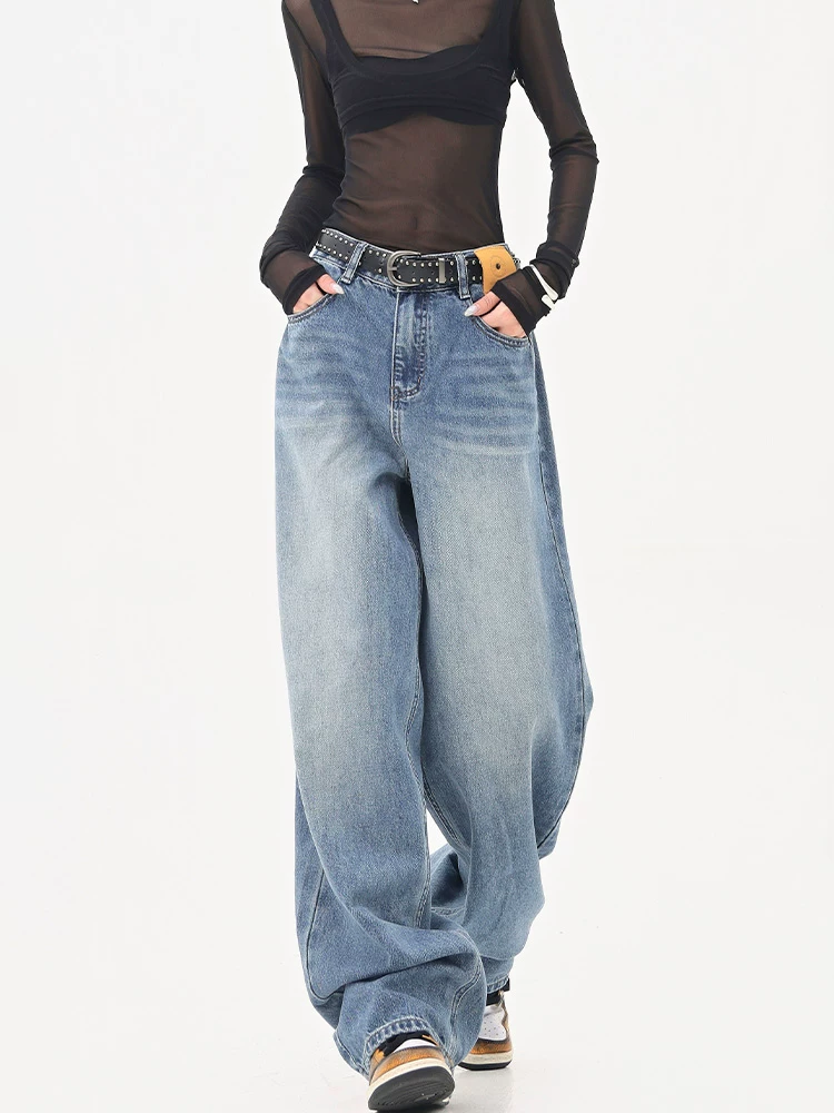 KEN STUDIO Quần jean ống rộng kiểu cổ điển Mỹ dành cho nữ, quần ống rộng đa năng lưng cao mới mùa thu đông.