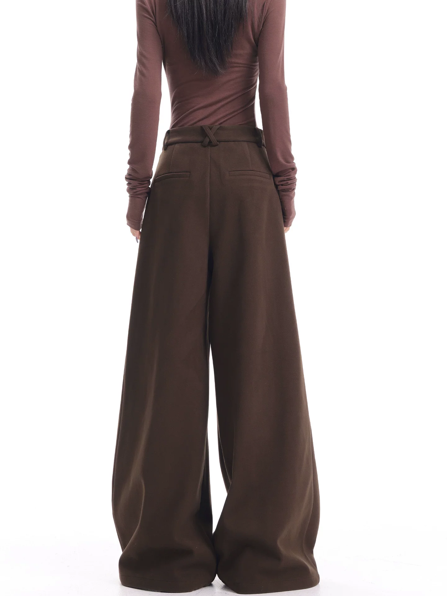 KEN STUDIO Quần âu ống rộng màu cà phê mới dành cho nữ mùa thu đông, chất liệu len dày, xếp ly, quần dài đa năng.