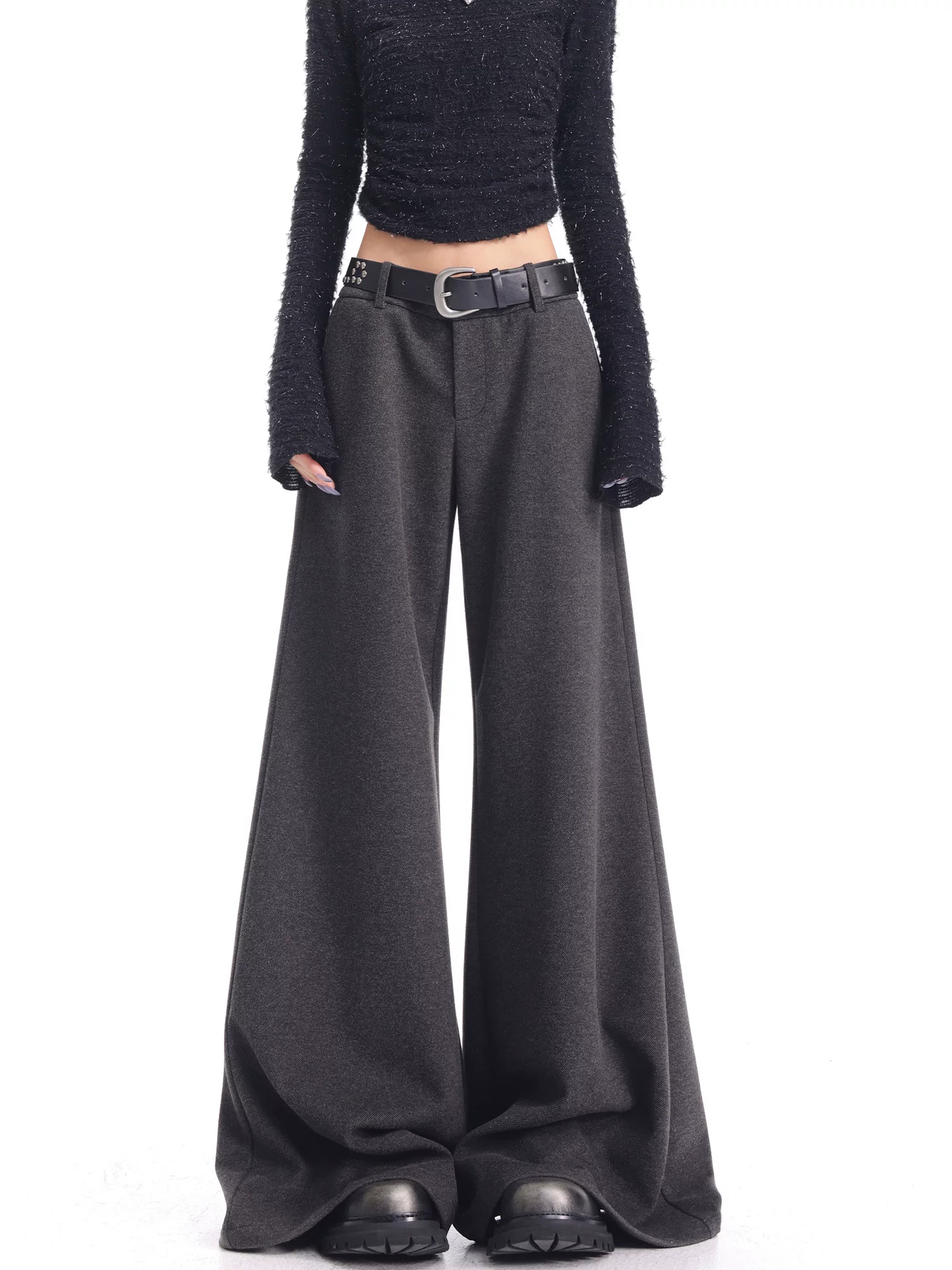 KEN STUDIO Quần âu ống loe màu xám thu đông mới dành cho nữ, chất liệu len dày, quần ống rộng, quần dài đến sàn